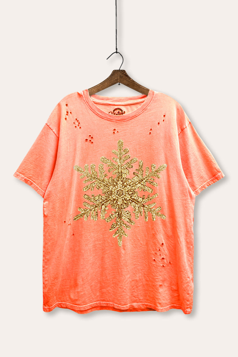 golden snowflake graphic mineral wash laser distress tee