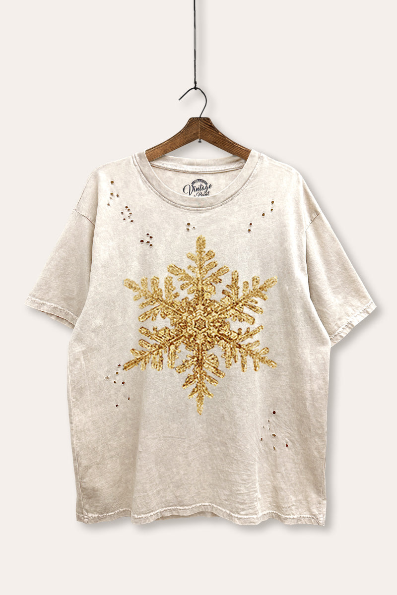 golden snowflake graphic mineral wash laser distress tee