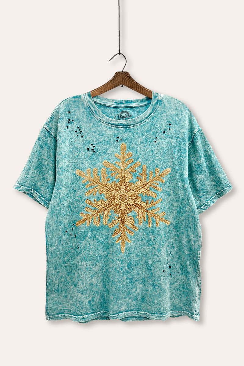 golden snowflake graphic mineral wash laser distress tee