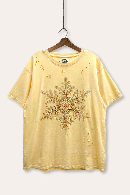 Gold Snowflake Holiday Graphic Mineral Wash Distress Tee