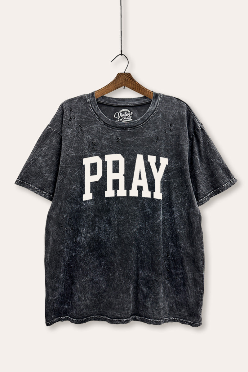 "pray" graphic mineral wash laser distress tee