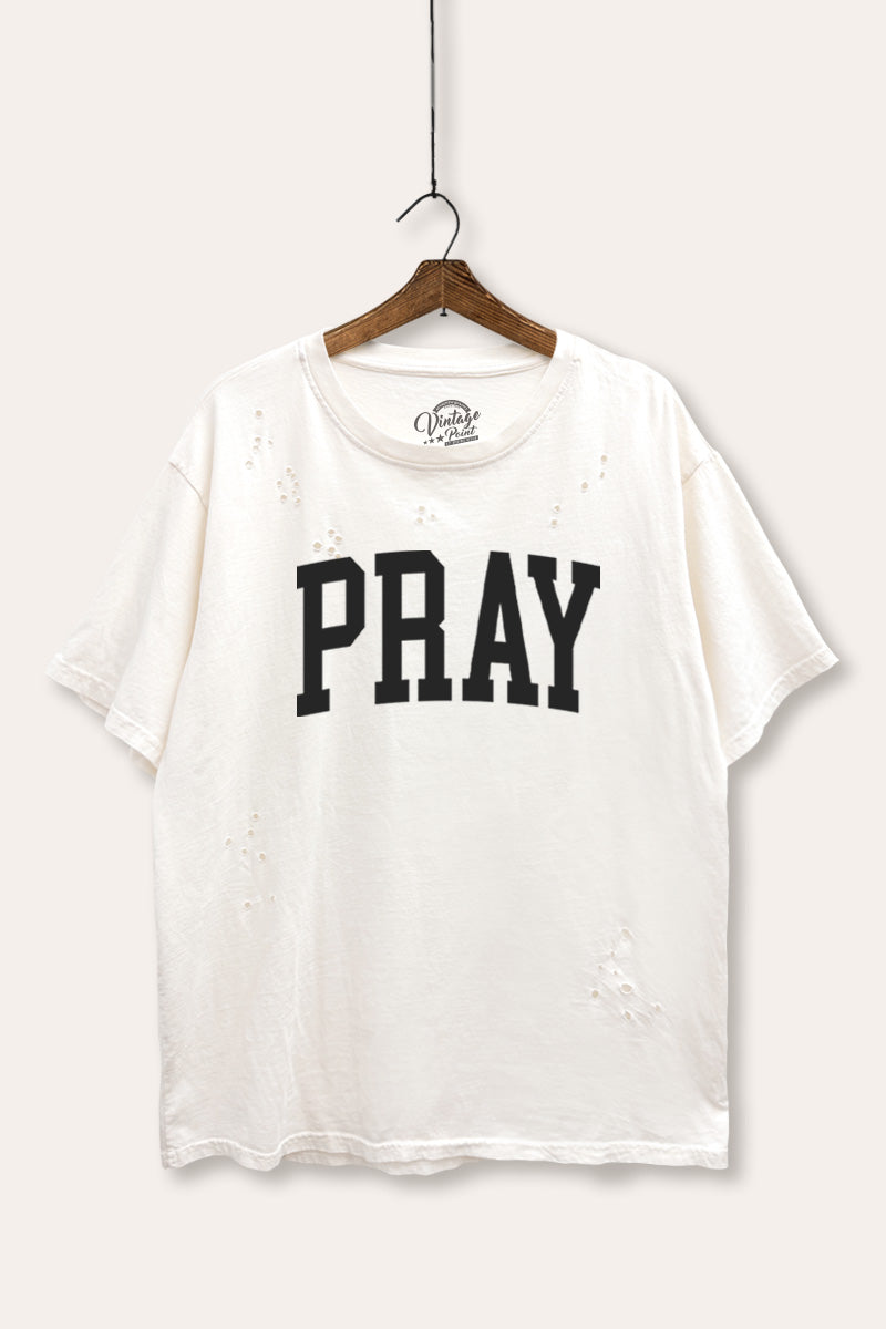 "pray" graphic mineral wash laser distress tee