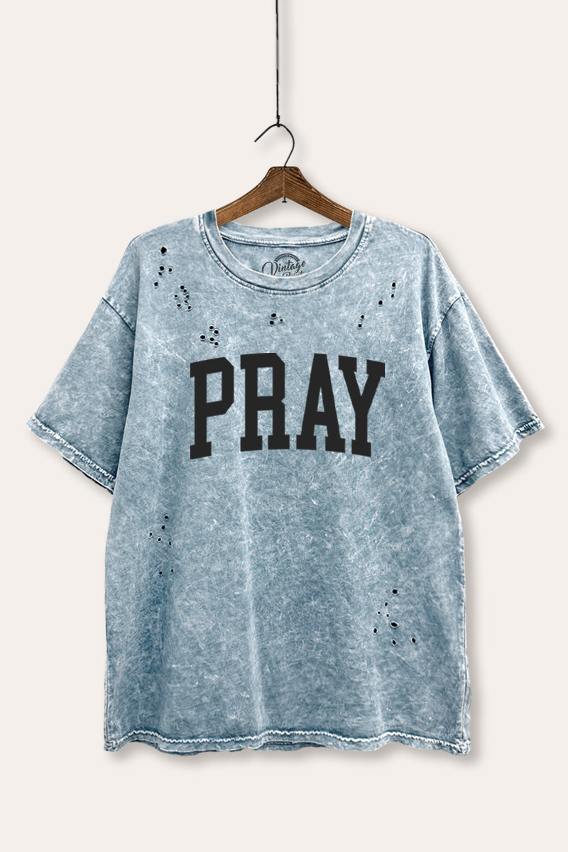 "pray" graphic mineral wash laser distress tee