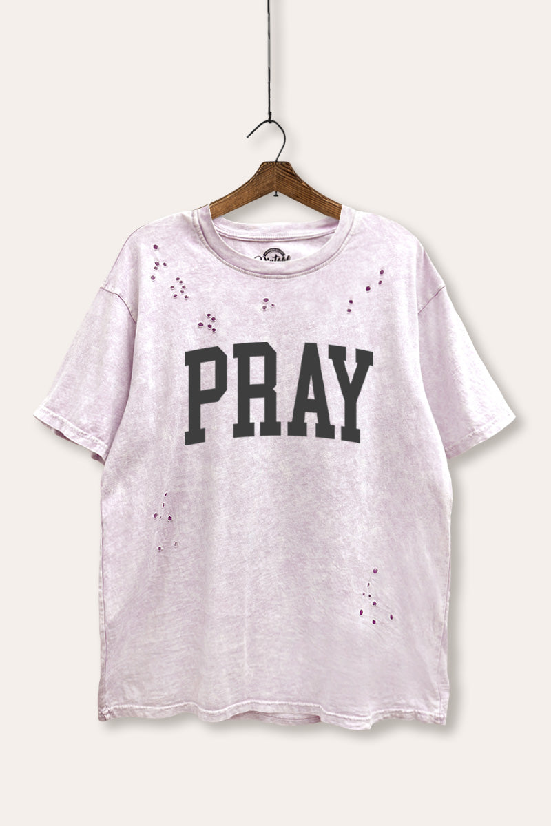 "pray" graphic mineral wash laser distress tee