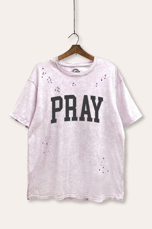 "pray" graphic mineral wash laser distress tee