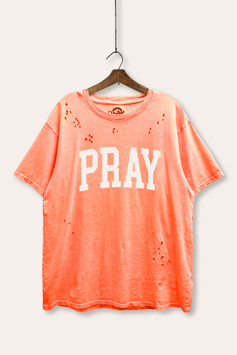 "pray" graphic mineral wash laser distress tee