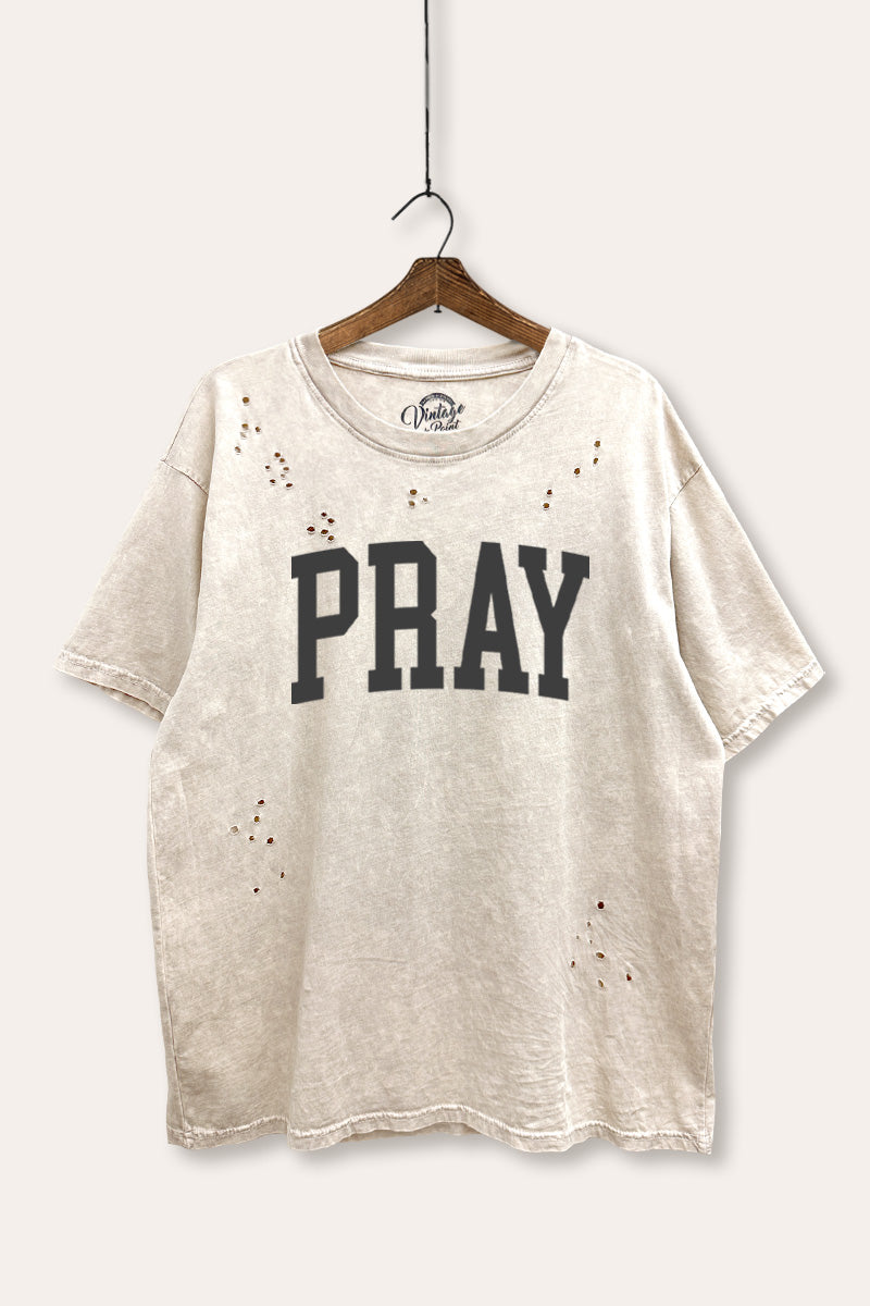 "pray" graphic mineral wash laser distress tee