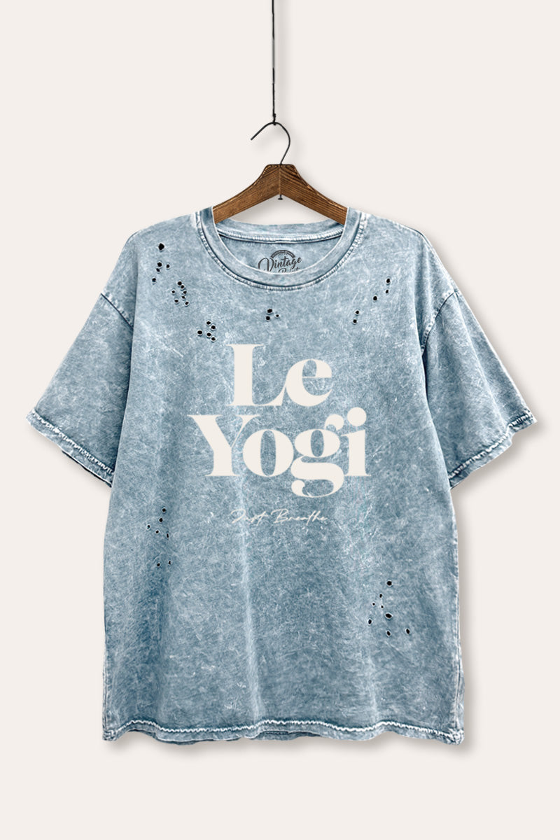 "le yogi" graphic mineral wash laser distress tee