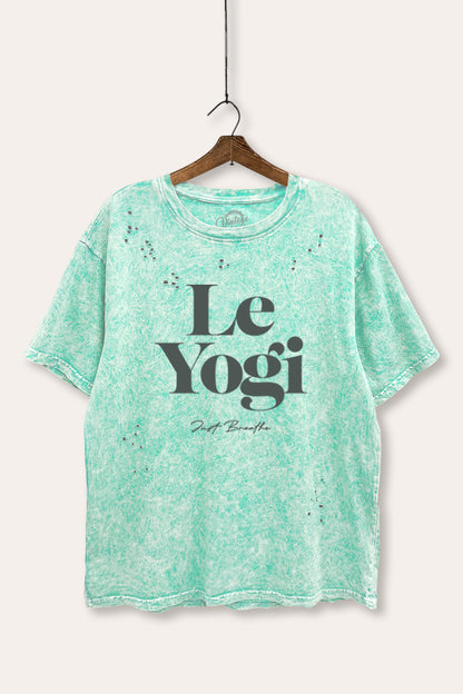 Le Yogi "Just Breathe" Graphic Mineral Wash Distress Tee