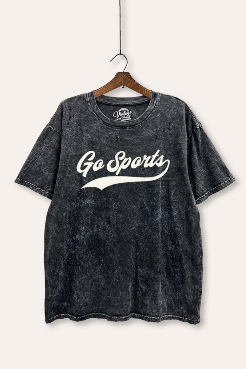 "go sports" varsity graphic mineral wash laser distress tee
