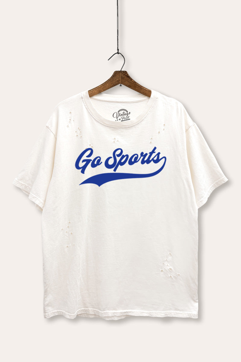 "go sports" varsity graphic mineral wash laser distress tee