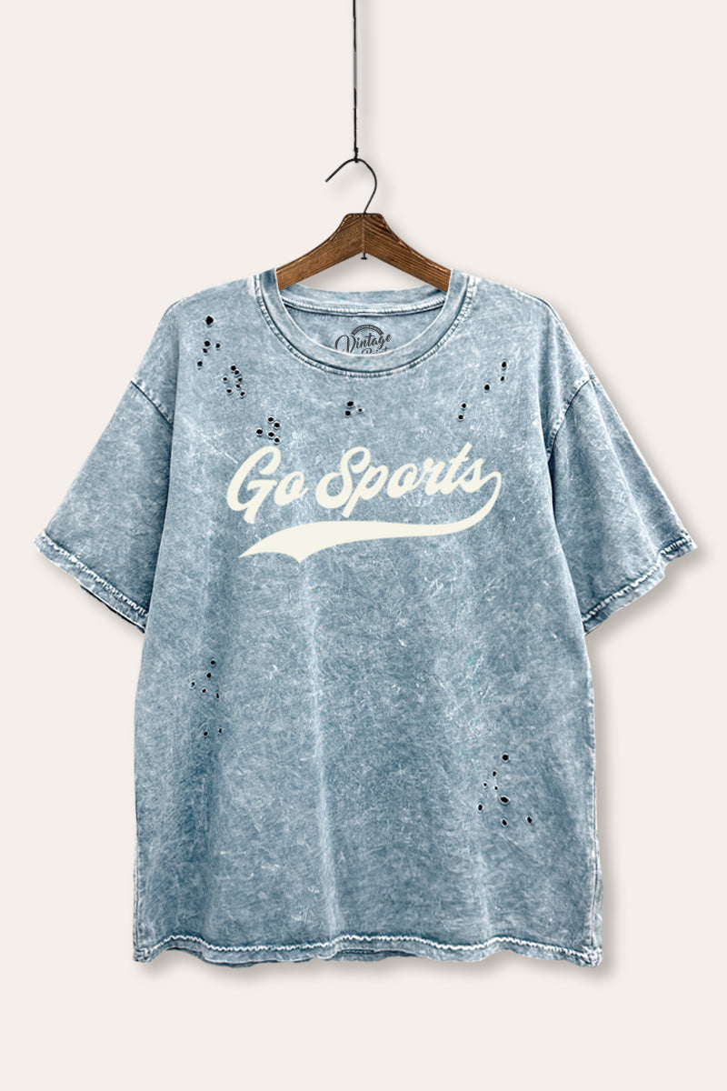 "go sports" varsity graphic mineral wash laser distress tee