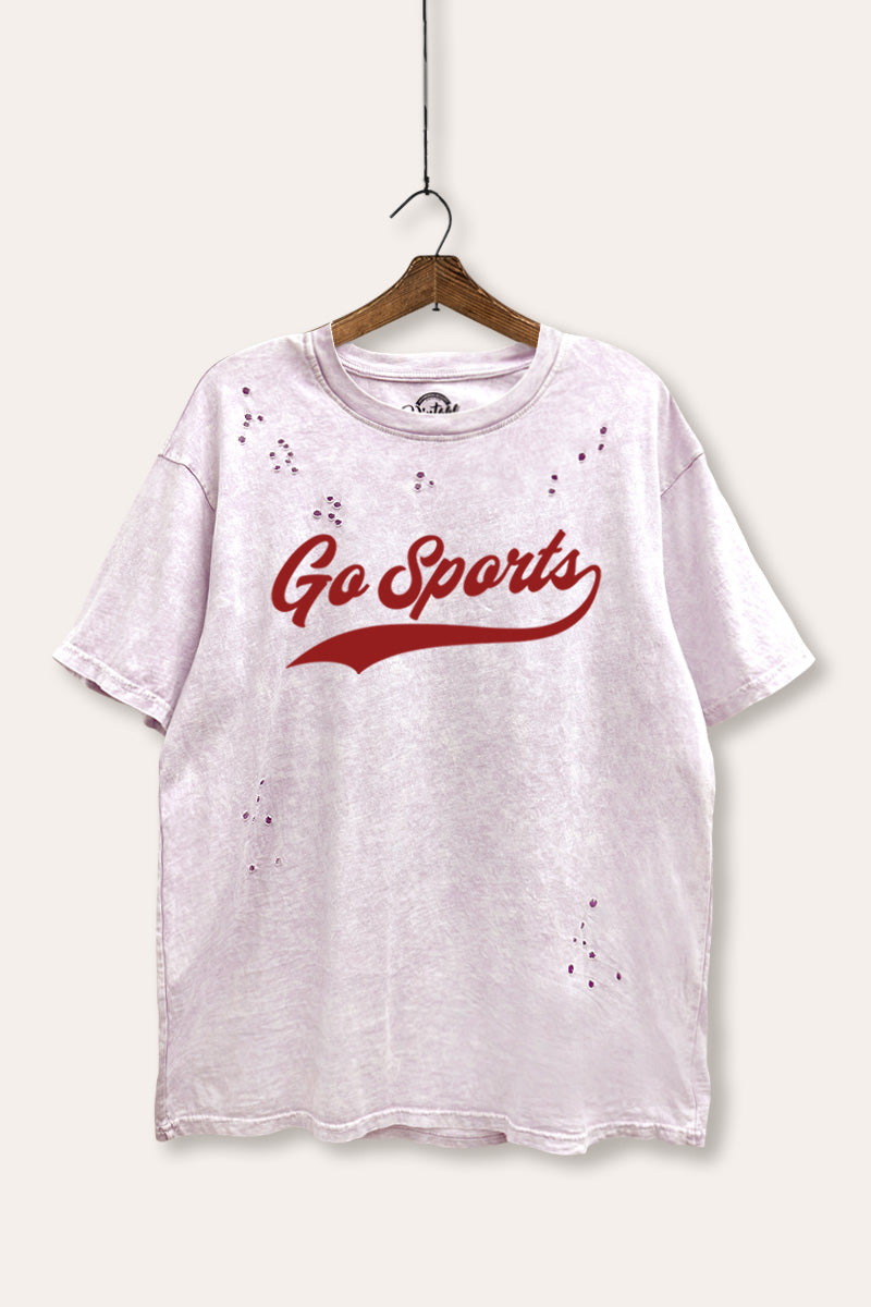 "go sports" varsity graphic mineral wash laser distress tee