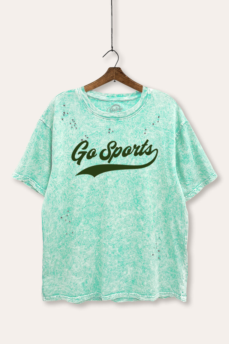 "go sports" varsity graphic mineral wash laser distress tee
