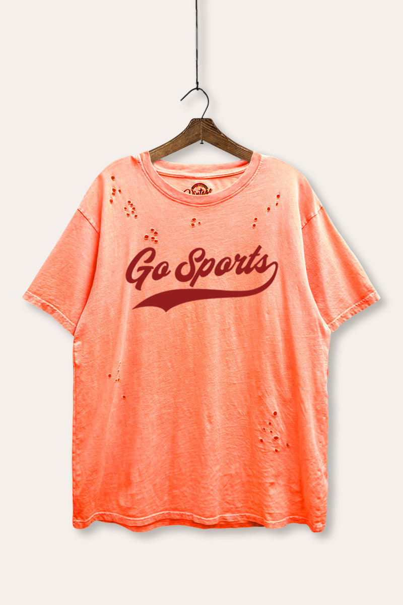 "go sports" varsity graphic mineral wash laser distress tee