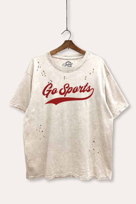 "go sports" varsity graphic mineral wash laser distress tee