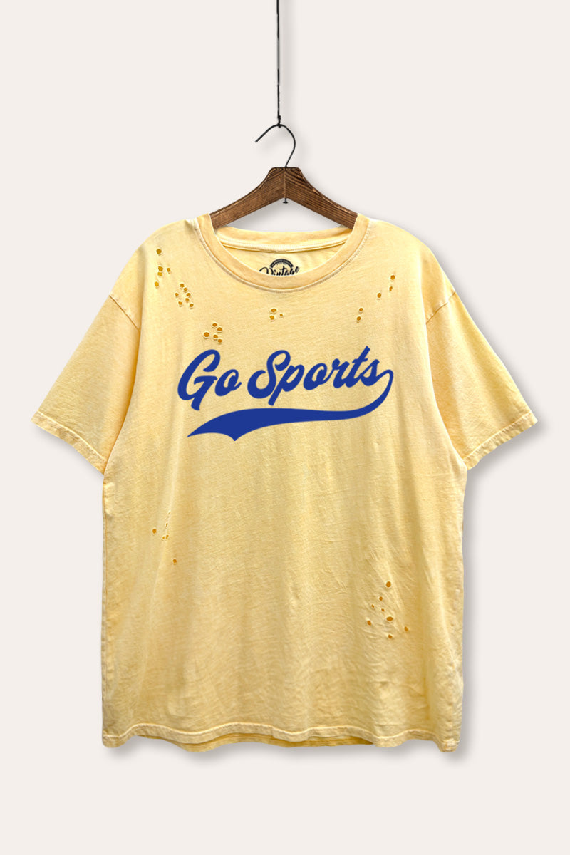 "go sports" varsity graphic mineral wash laser distress tee