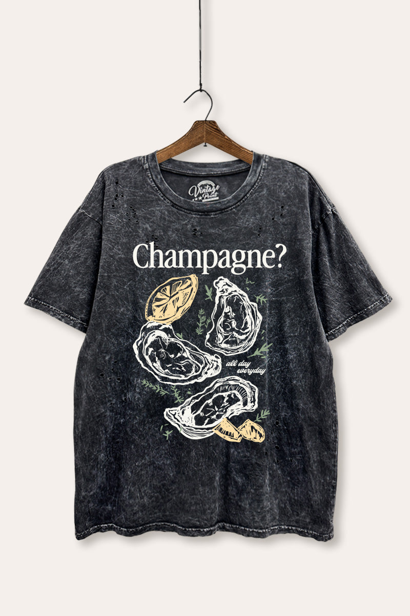 "champagne" oyster graphic mineral wash laser distress tee