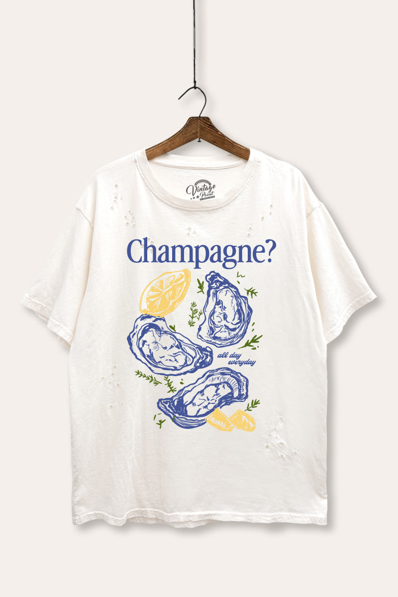 "champagne" oyster graphic mineral wash laser distress tee