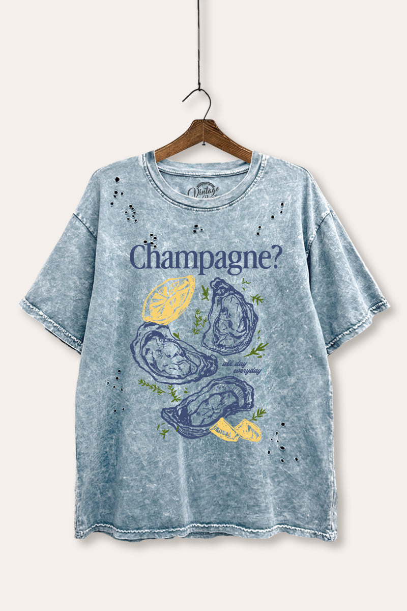 "champagne" oyster graphic mineral wash laser distress tee