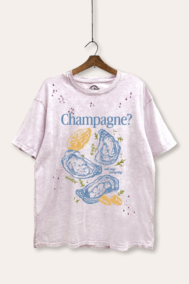 "champagne" oyster graphic mineral wash laser distress tee