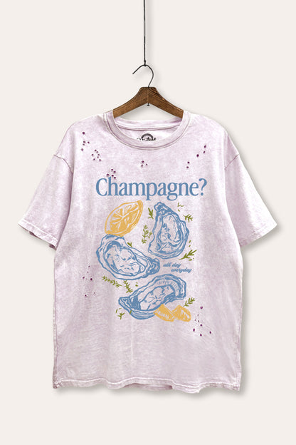 "champagne" oyster graphic mineral wash laser distress tee