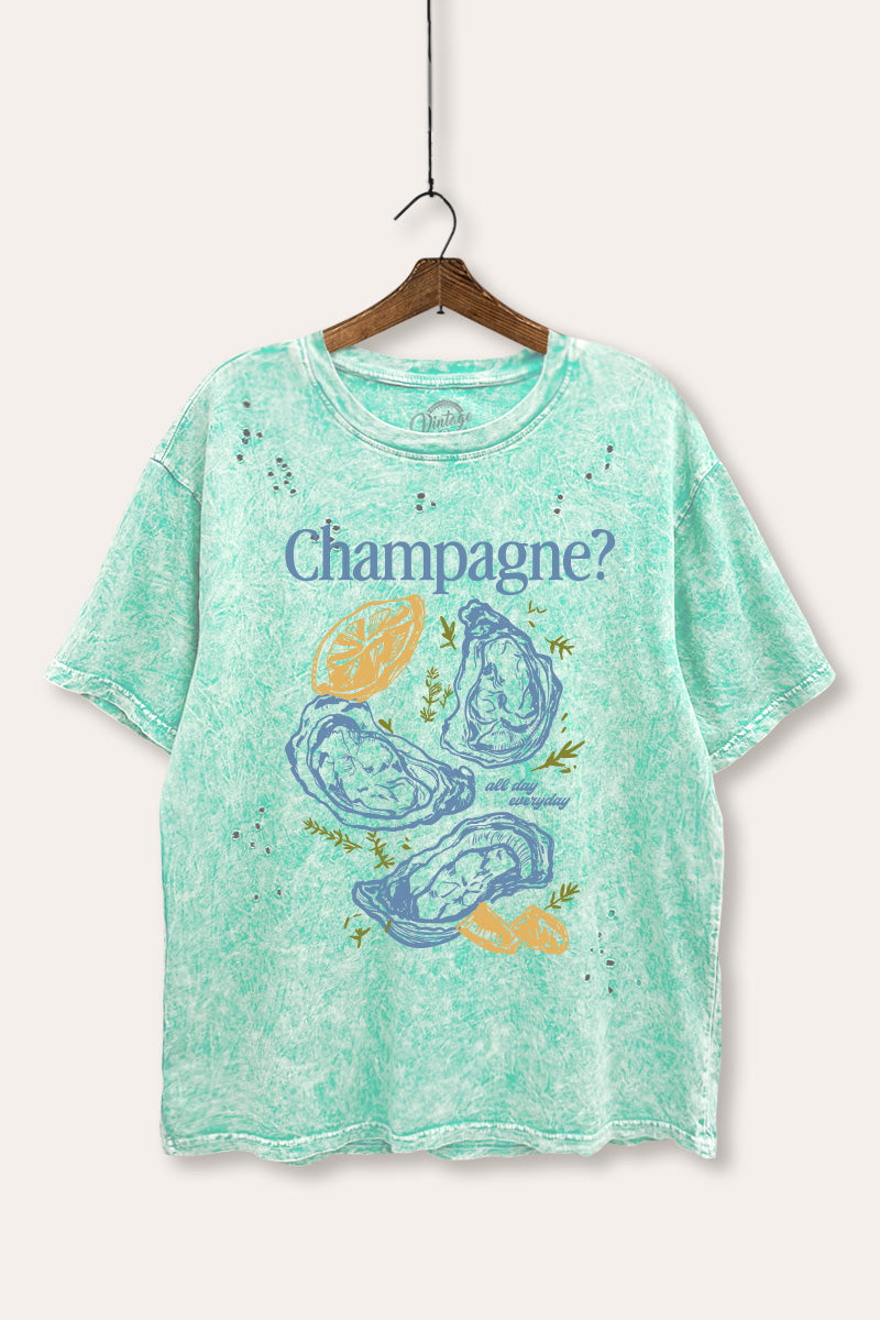 "champagne" oyster graphic mineral wash laser distress tee