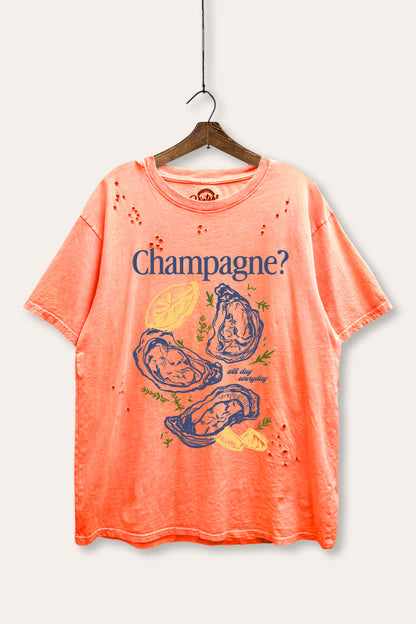 "champagne" oyster graphic mineral wash laser distress tee