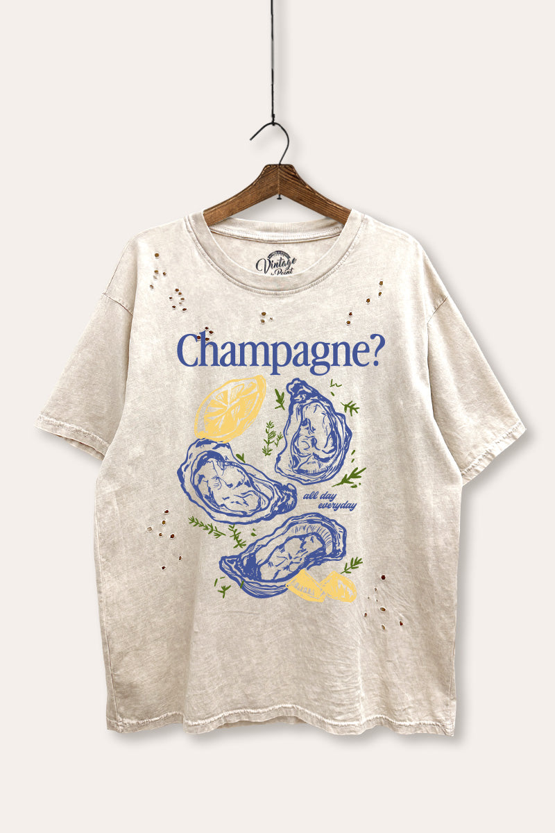 "champagne" oyster graphic mineral wash laser distress tee