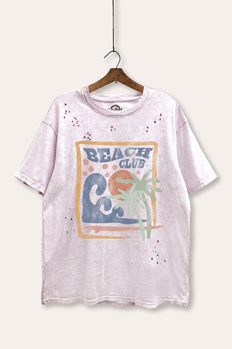 "beach club" graphic mineral wash laser distress tee