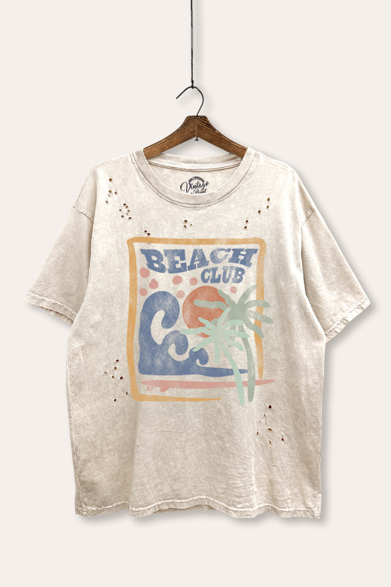 "beach club" graphic mineral wash laser distress tee