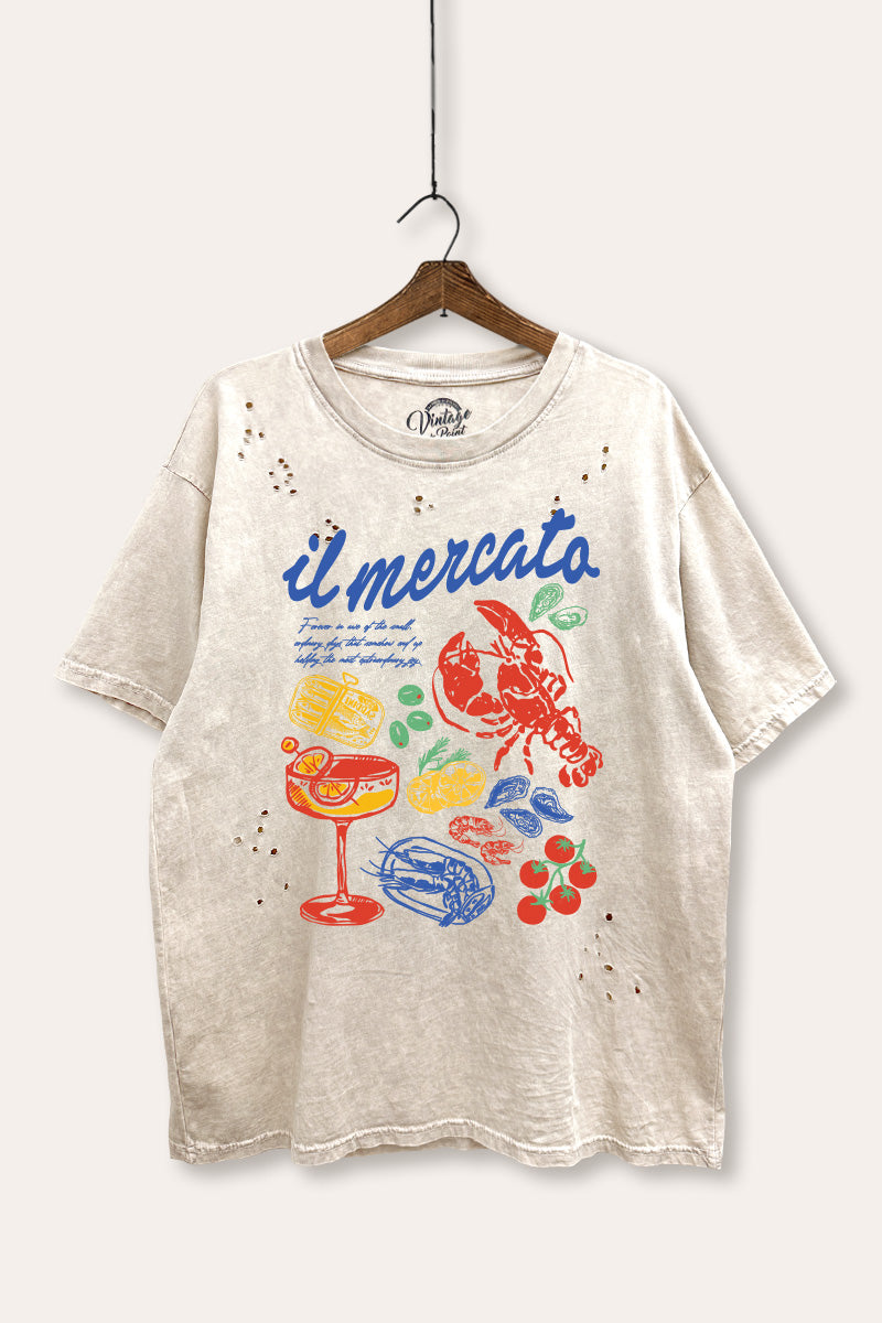 "il mercato market" graphic mineral wash laser distress tee