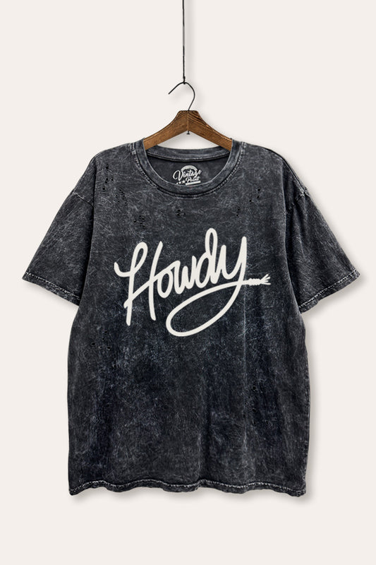"howdy" graphic mineral wash laser distress tee