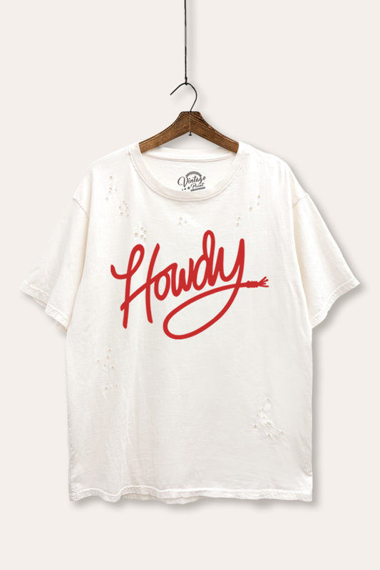Howdy Cursive Western Graphic Mineral Wash Distress Tee