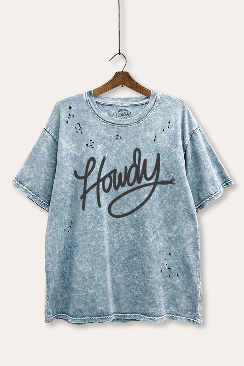 Howdy Cursive Western Graphic Mineral Wash Distress Tee