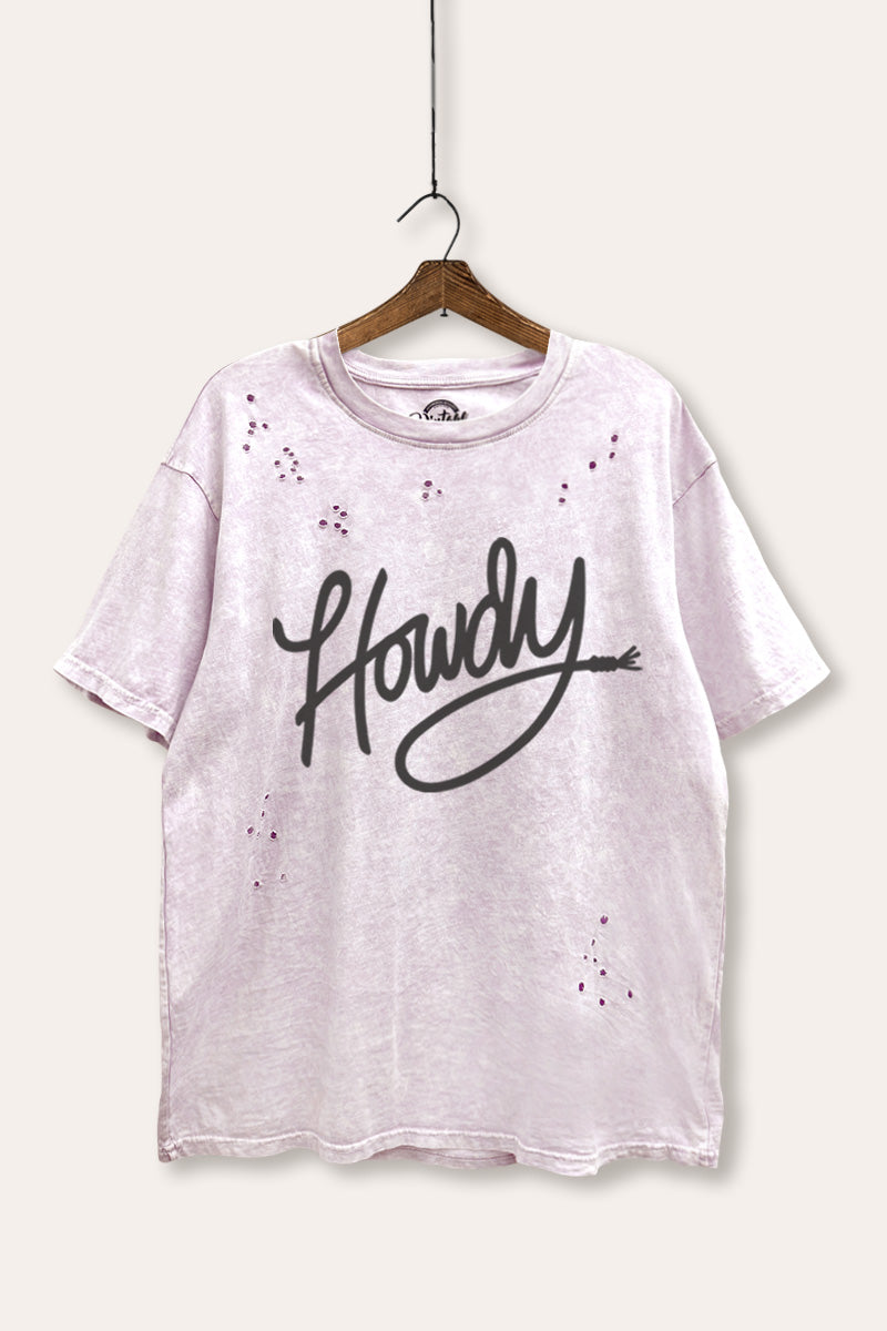 Howdy Cursive Western Graphic Mineral Wash Distress Tee