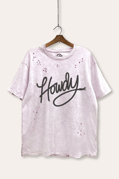 Howdy Cursive Western Graphic Mineral Wash Distress Tee