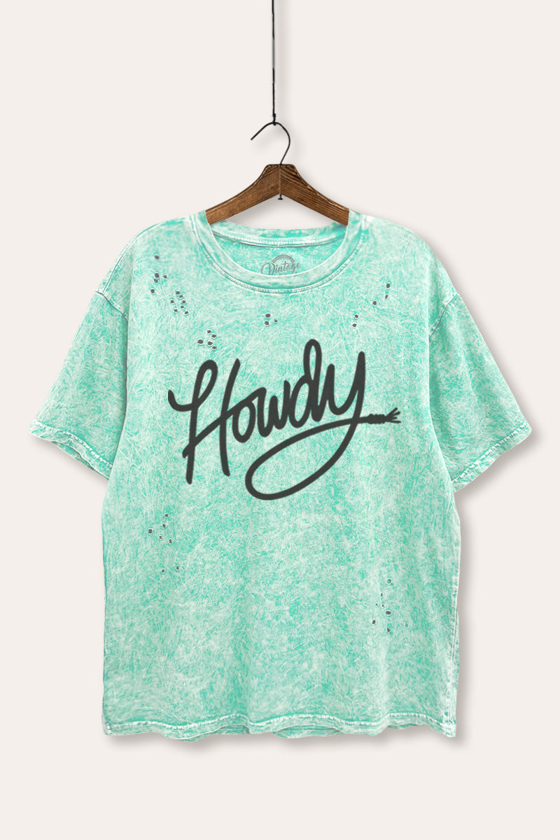 Howdy Cursive Western Graphic Mineral Wash Distress Tee