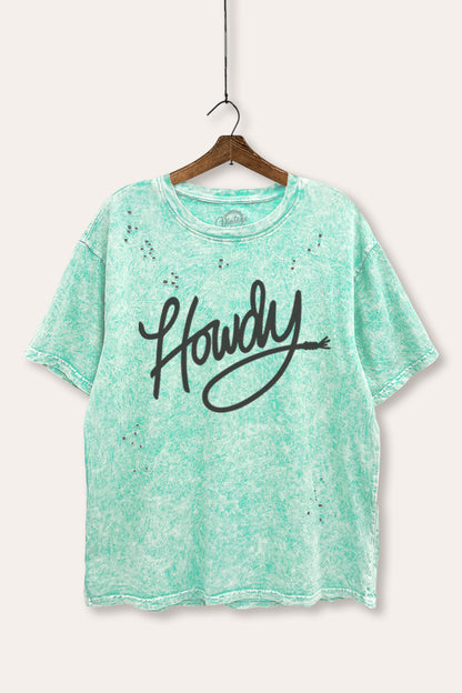 Howdy Cursive Western Graphic Mineral Wash Distress Tee