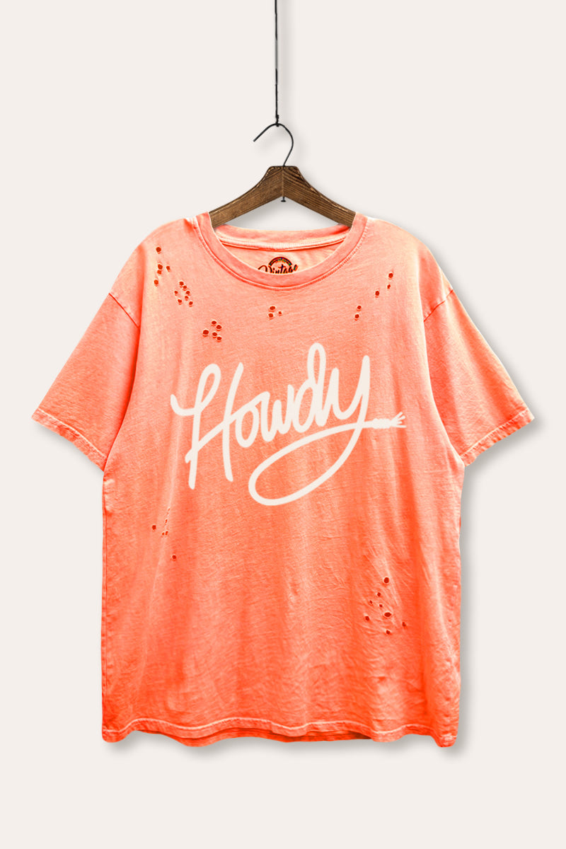 Howdy Cursive Western Graphic Mineral Wash Distress Tee