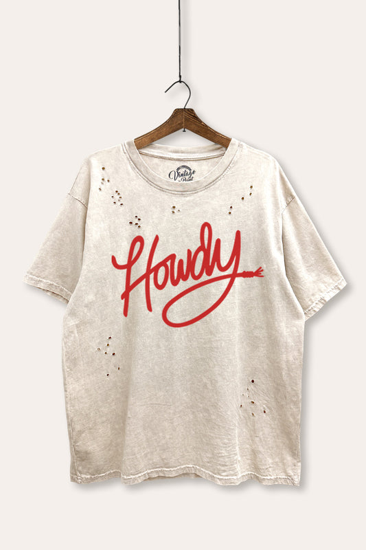 "howdy" graphic mineral wash laser distress tee