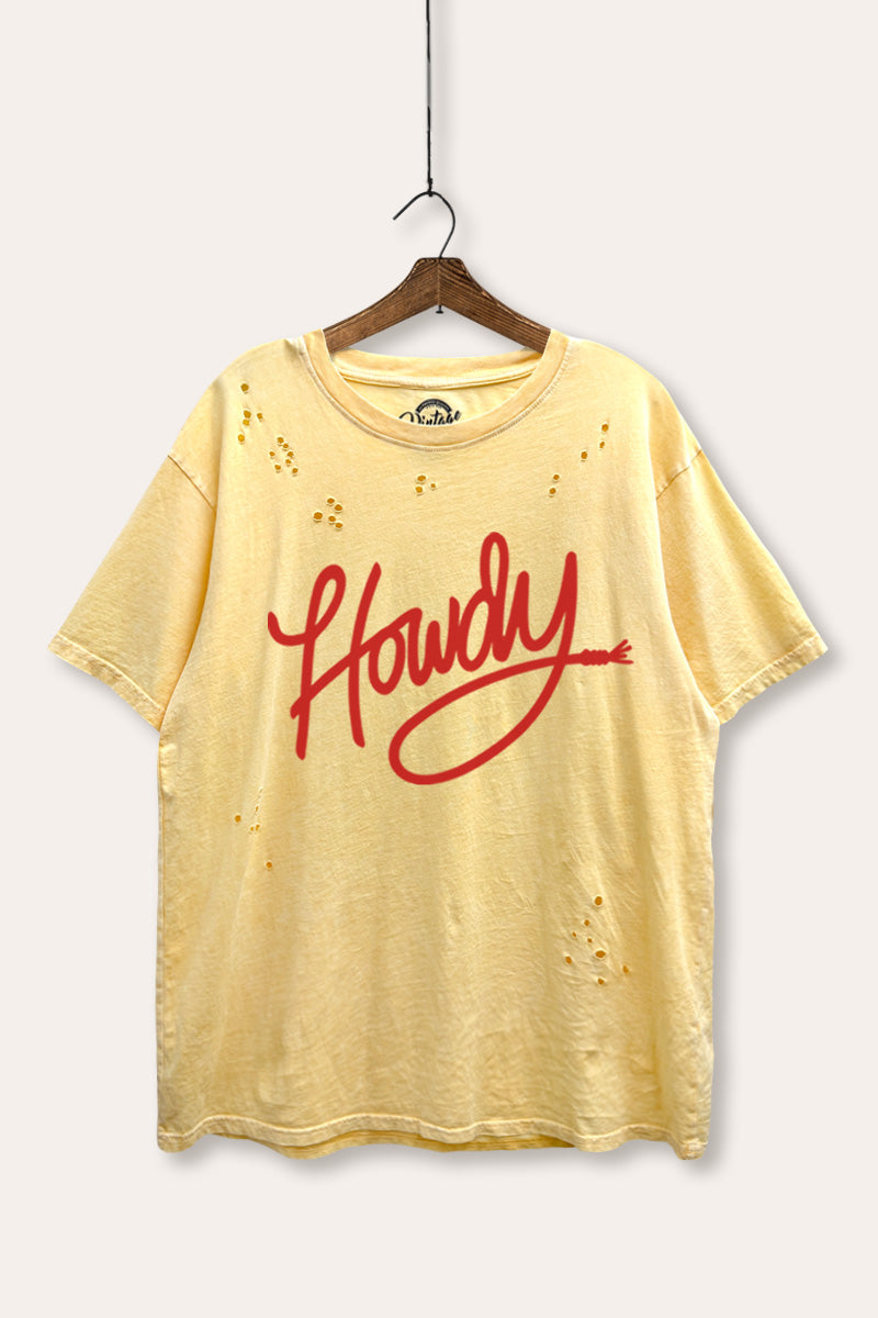 Howdy Cursive Western Graphic Mineral Wash Distress Tee