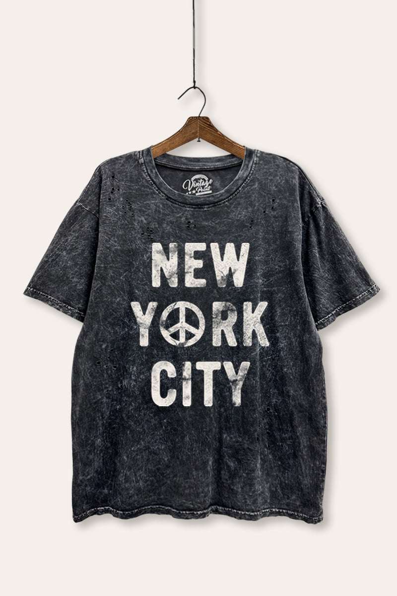 New York City Peace Sign Graphic Mineral Wash Distress Tee