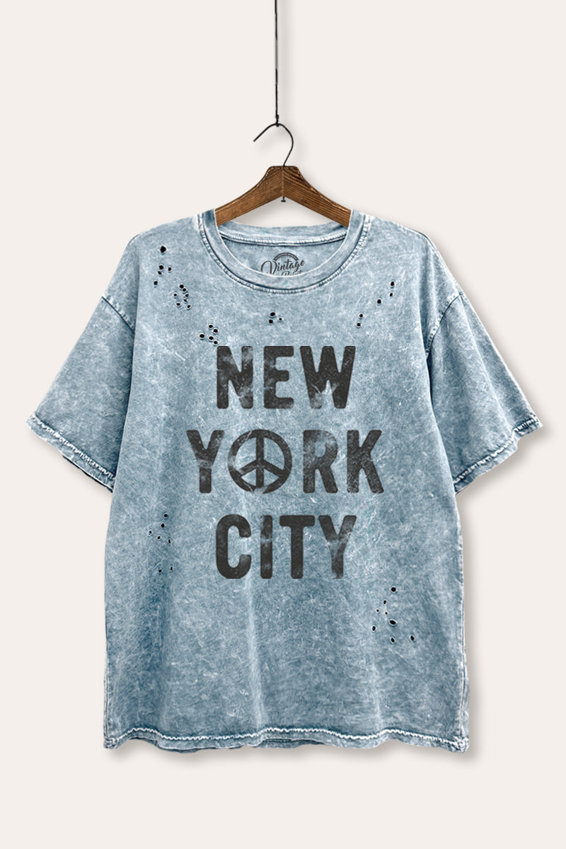 New York City Peace Sign Graphic Mineral Wash Distress Tee