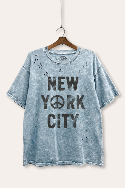 New York City Peace Sign Graphic Mineral Wash Distress Tee