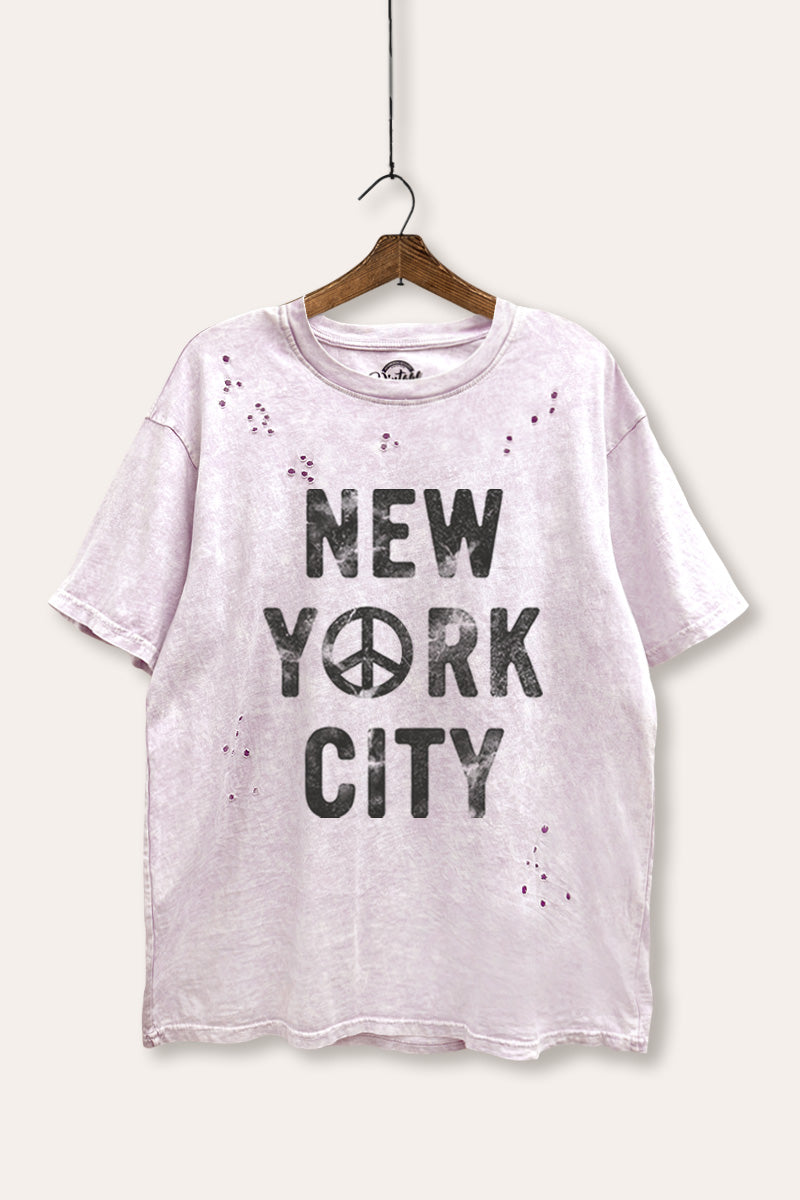 New York City Peace Sign Graphic Mineral Wash Distress Tee