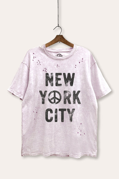 New York City Peace Sign Graphic Mineral Wash Distress Tee