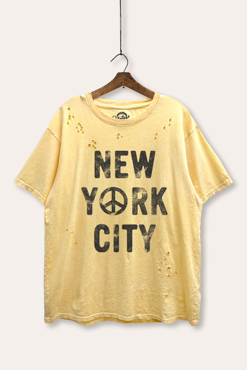 New York City Peace Sign Graphic Mineral Wash Distress Tee