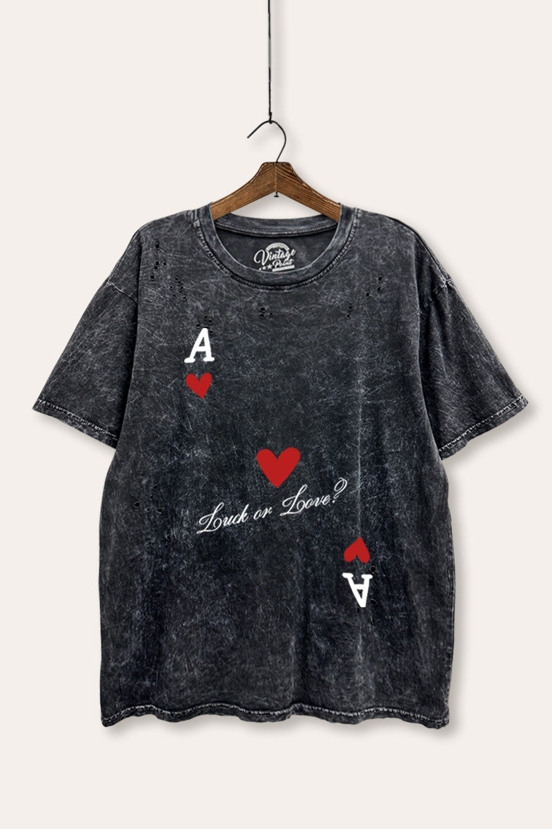 "luck or love" graphic mineral wash laser distress tee