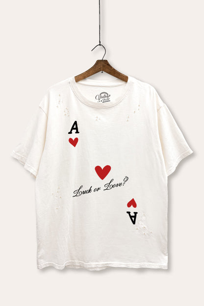 "luck or love" graphic mineral wash laser distress tee